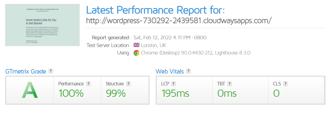 Cloudways Staging Site GTMetrix Test London
