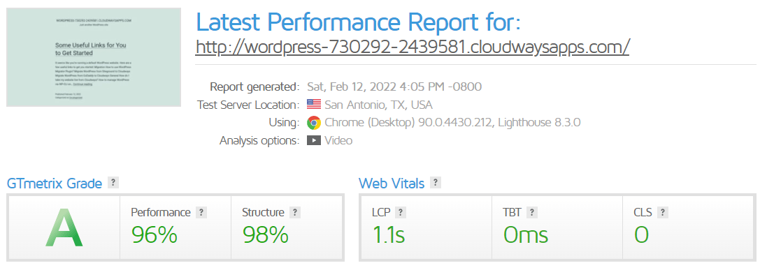 Cloudways Staging Site GTMetrix Test