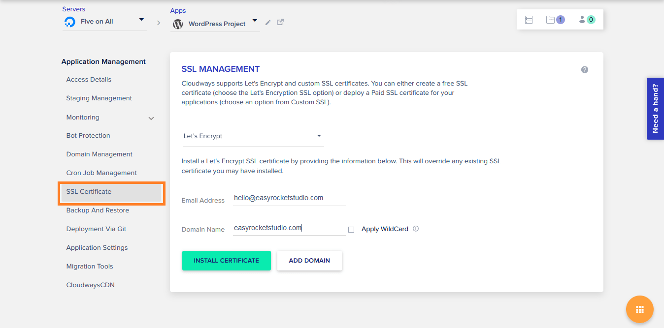 Cloudways Install SSL Certificate