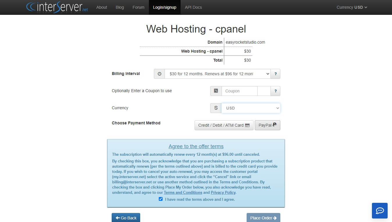 InterServer Payment for cPanel Hosting