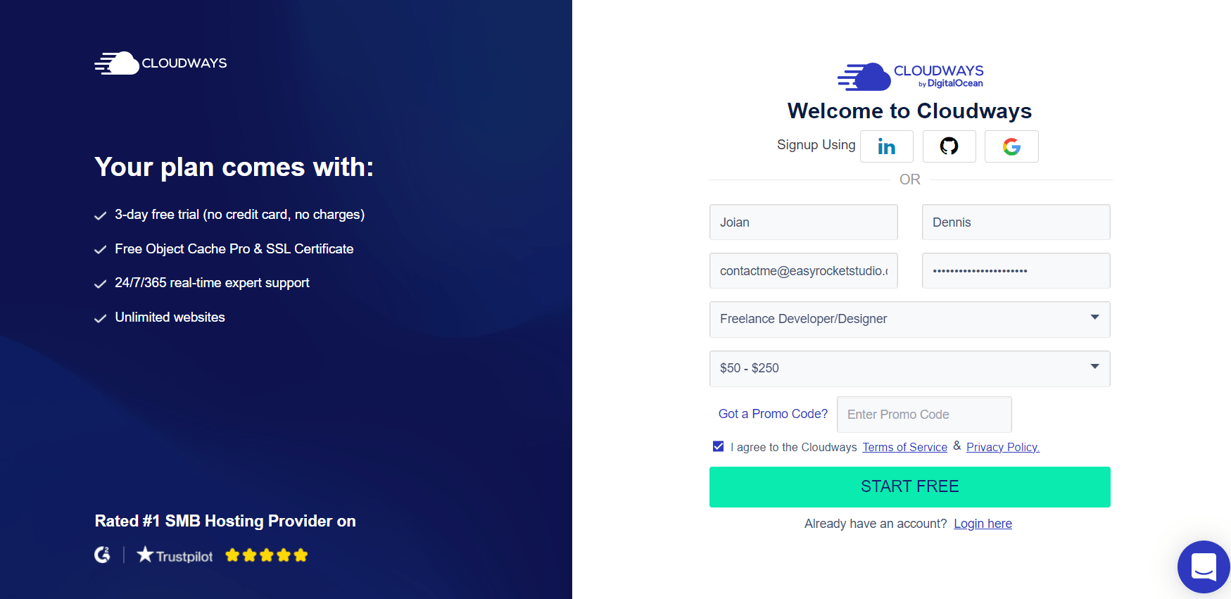 Cloudways Free Trial Sign Up Page