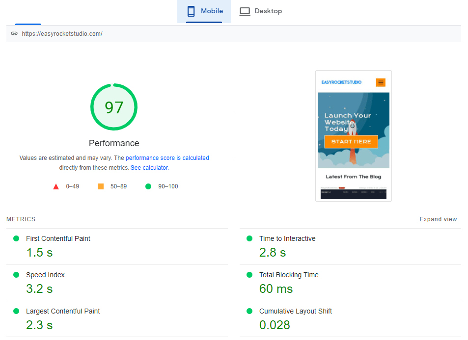 Rocket.net PageSpeed Test 2 Mobile