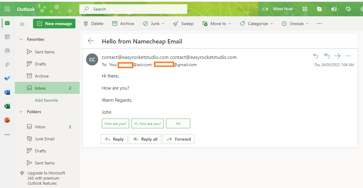 Namecheap Email to Outlook