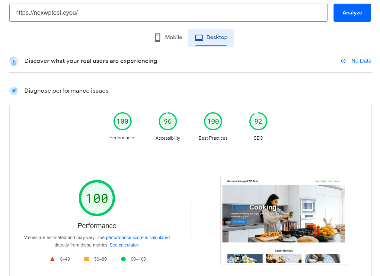 PageSpeed Insights Nexcess Desktop Results With WP Rocket
